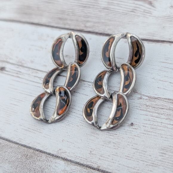 Vintage Earrings for Pierced Ears Brown Tones Linking Circles - Picture 2 of 9